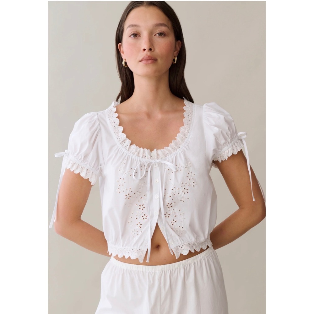 Few Moda Sorella Atelier White Eyelet Lace Crop Top Puff Sleeve Cottagecore